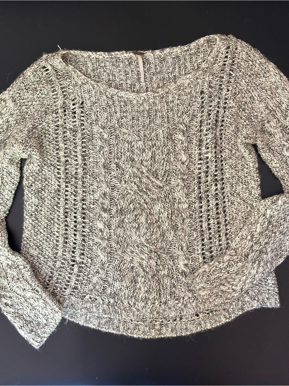 Free People Heather Gray Cable-Knit Crew Sweater